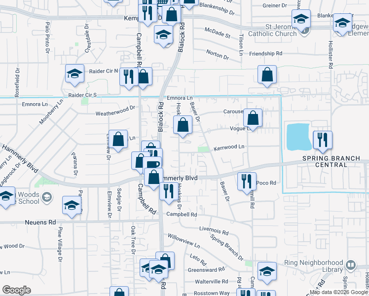 map of restaurants, bars, coffee shops, grocery stores, and more near 2221 Hoskins Drive in Houston