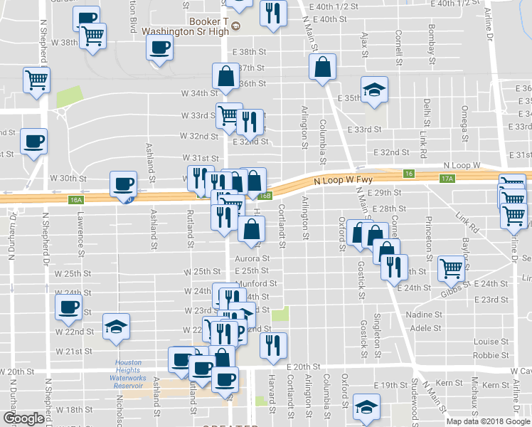 map of restaurants, bars, coffee shops, grocery stores, and more near 218 East 28th Street in Houston