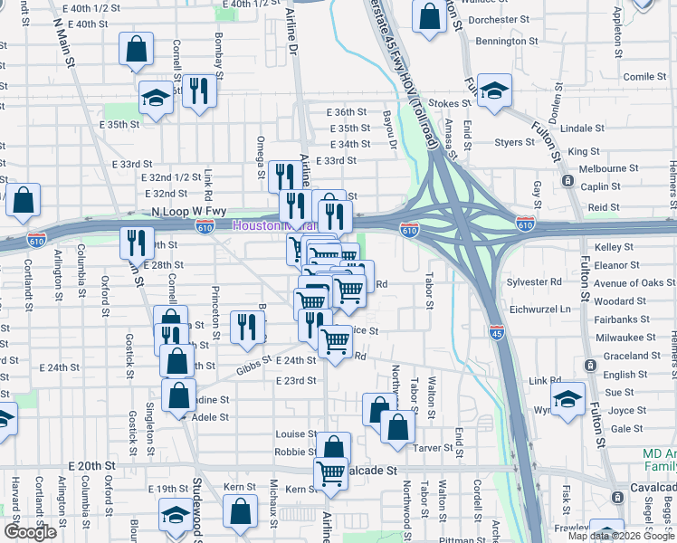 map of restaurants, bars, coffee shops, grocery stores, and more near 1304 East 28th Street in Houston