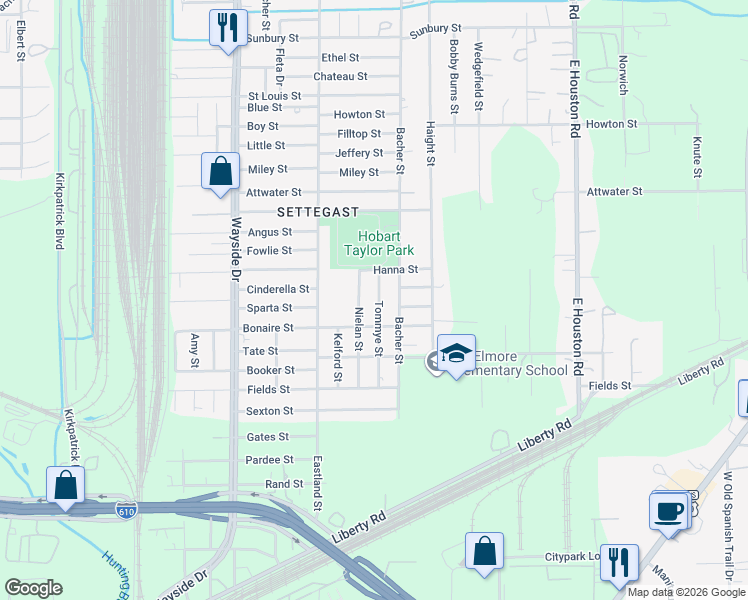 map of restaurants, bars, coffee shops, grocery stores, and more near 5617 Tommye Street in Houston