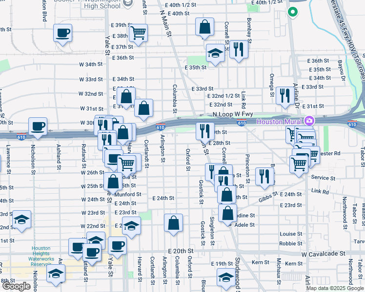 map of restaurants, bars, coffee shops, grocery stores, and more near 516 East 28th Street in Houston