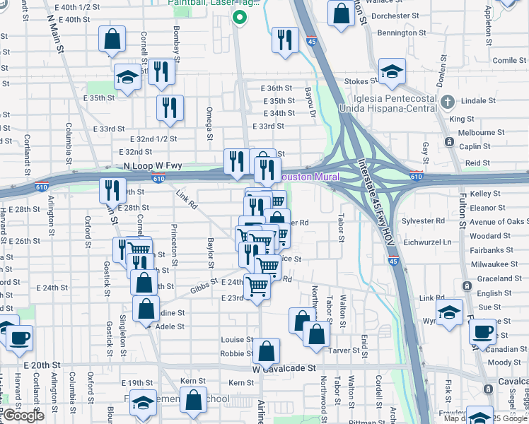 map of restaurants, bars, coffee shops, grocery stores, and more near 1304 East 28th Street in Houston
