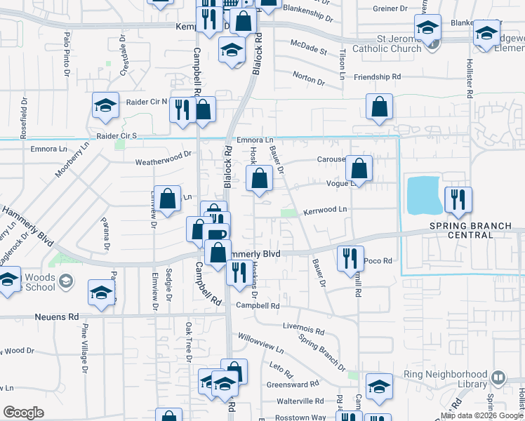 map of restaurants, bars, coffee shops, grocery stores, and more near 2221 Hoskins Drive in Houston