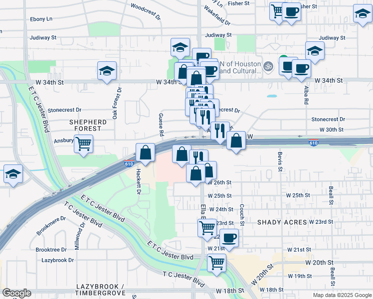 map of restaurants, bars, coffee shops, grocery stores, and more near 1635 North Loop West Freeway in Houston