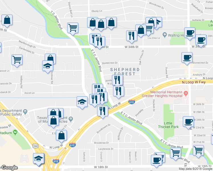 map of restaurants, bars, coffee shops, grocery stores, and more near 2200 North Loop West Freeway in Houston
