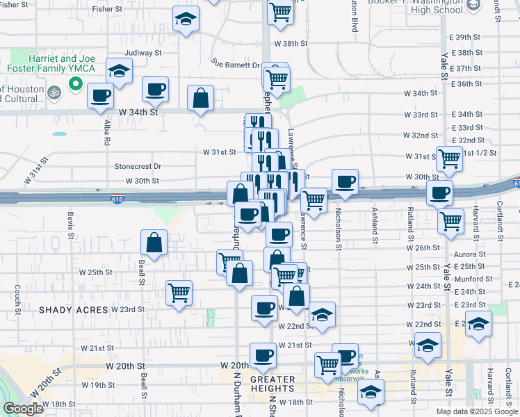 map of restaurants, bars, coffee shops, grocery stores, and more near 709 North Loop West Freeway in Houston