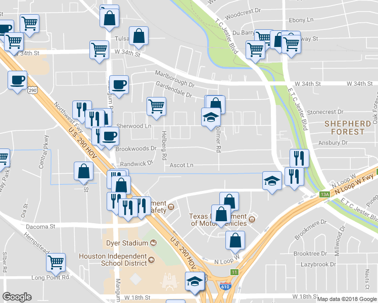 map of restaurants, bars, coffee shops, grocery stores, and more near 4117 Brookwoods Drive in Houston