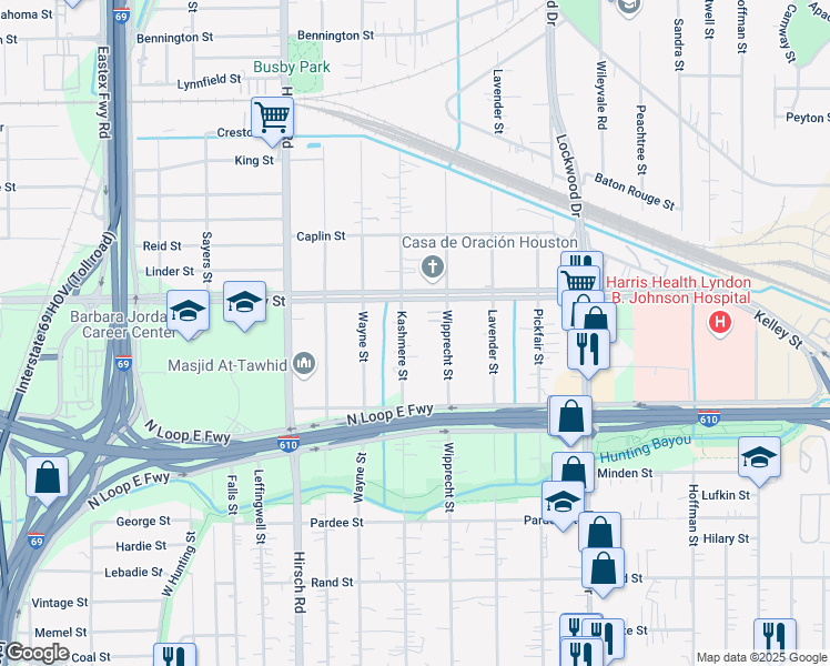 map of restaurants, bars, coffee shops, grocery stores, and more near 5738 Kashmere Street in Houston