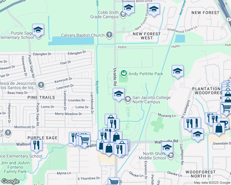 map of restaurants, bars, coffee shops, grocery stores, and more near 6021-6207 Uvalde Rd in Houston