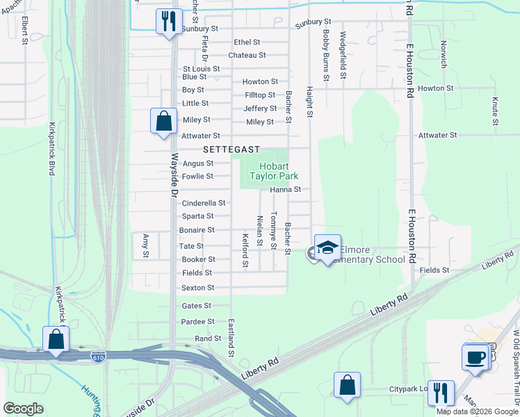 map of restaurants, bars, coffee shops, grocery stores, and more near 5617 Tommye Street in Houston