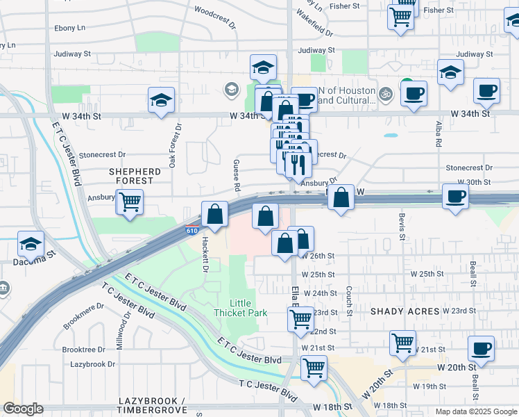 map of restaurants, bars, coffee shops, grocery stores, and more near 1691 North Loop West in Houston