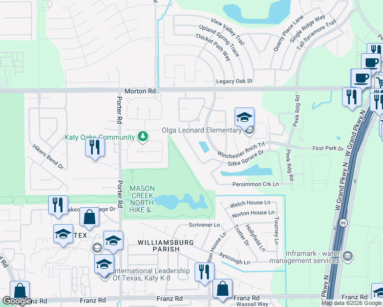 map of restaurants, bars, coffee shops, grocery stores, and more near 2543 Trotter Dr in Katy