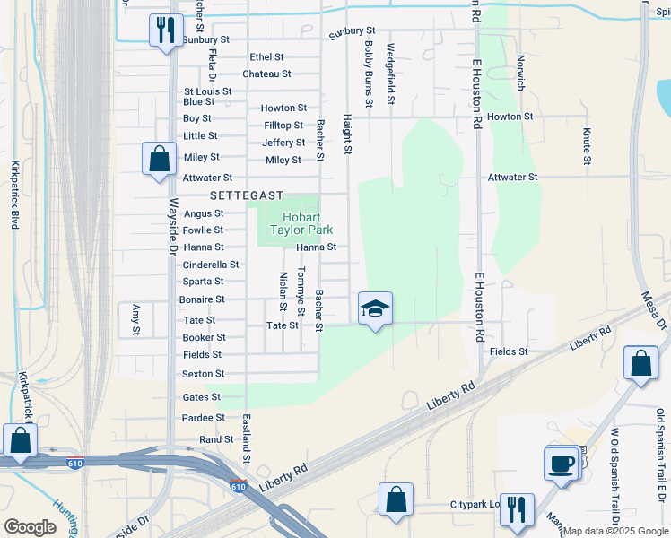 map of restaurants, bars, coffee shops, grocery stores, and more near 8205 Sparta Street in Houston