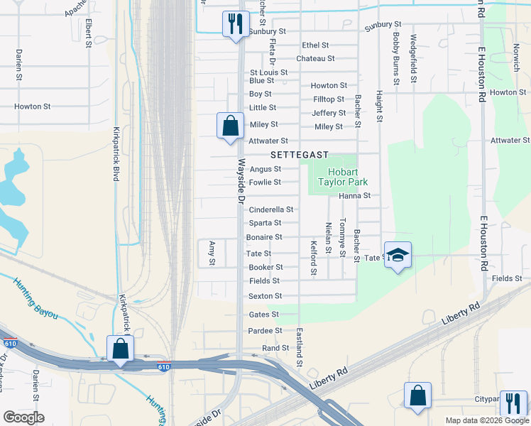 map of restaurants, bars, coffee shops, grocery stores, and more near 7943 Cinderella Street in Houston