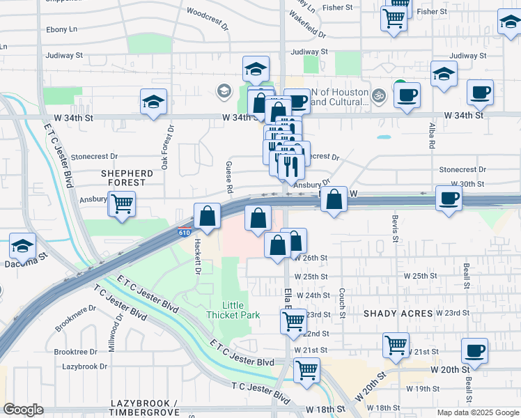map of restaurants, bars, coffee shops, grocery stores, and more near 1691 North Loop West in Houston