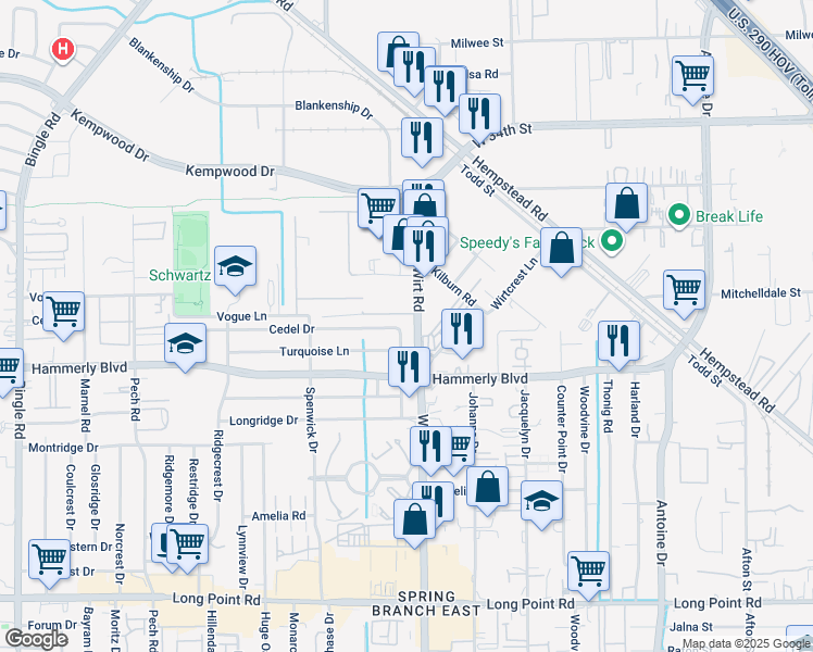 map of restaurants, bars, coffee shops, grocery stores, and more near 2138 Delery Drive in Houston