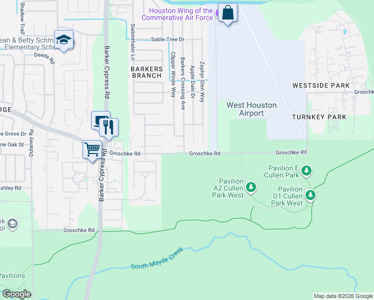 map of restaurants, bars, coffee shops, grocery stores, and more near 18111 Dardanelles Court in Houston