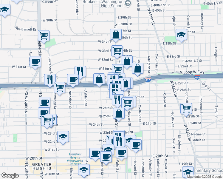 map of restaurants, bars, coffee shops, grocery stores, and more near 211 West 28th Street in Houston