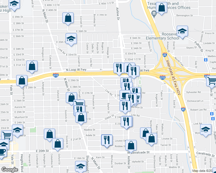 map of restaurants, bars, coffee shops, grocery stores, and more near 1112 East 28th Street in Houston