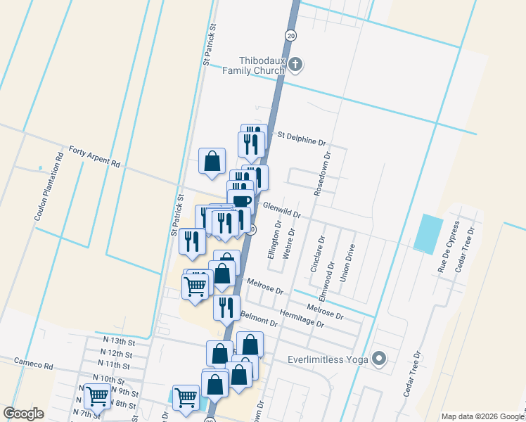 map of restaurants, bars, coffee shops, grocery stores, and more near 681-699 North Canal Boulevard in Thibodaux