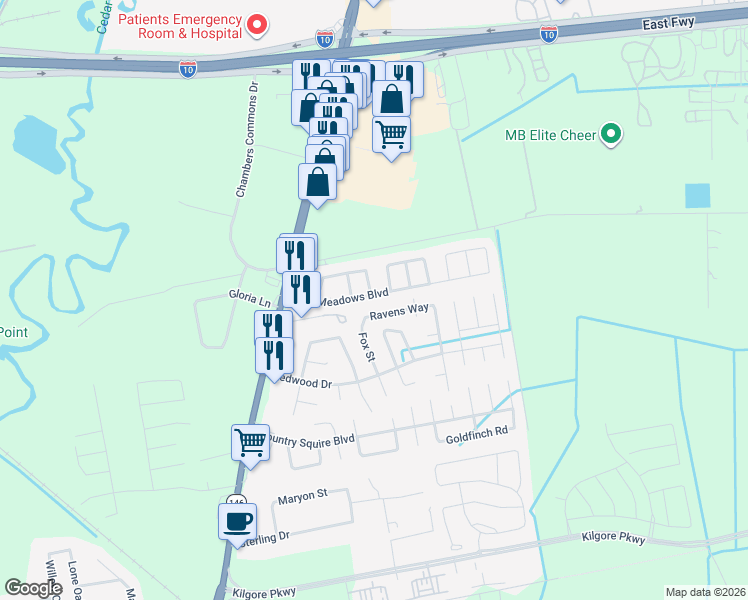 map of restaurants, bars, coffee shops, grocery stores, and more near 10430 Pine Meadows Boulevard in Baytown