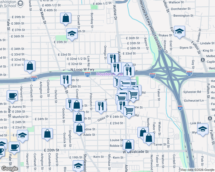map of restaurants, bars, coffee shops, grocery stores, and more near 1112 East 28th Street in Houston