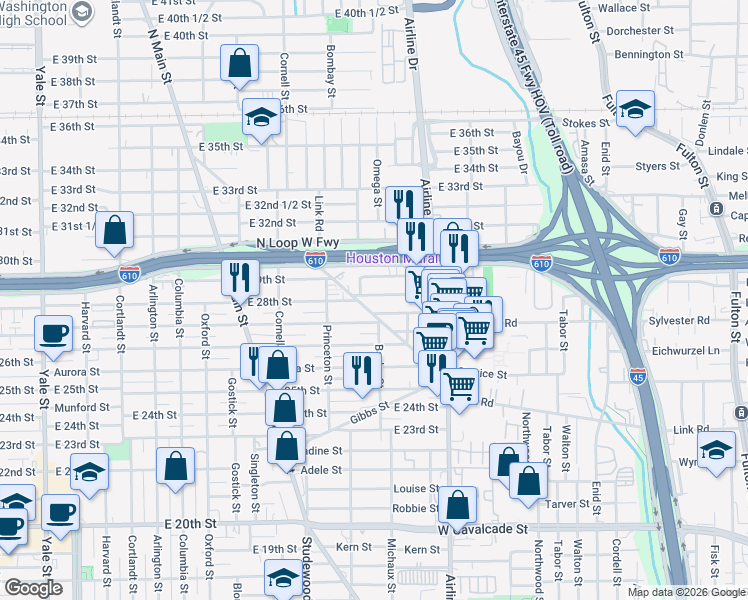 map of restaurants, bars, coffee shops, grocery stores, and more near 1112 East 28th Street in Houston