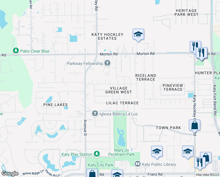 map of restaurants, bars, coffee shops, grocery stores, and more near 5606 Village Park Drive in Katy