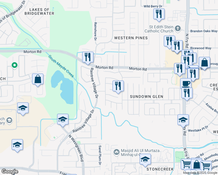 map of restaurants, bars, coffee shops, grocery stores, and more near 20614 Valley Wells Drive in Katy