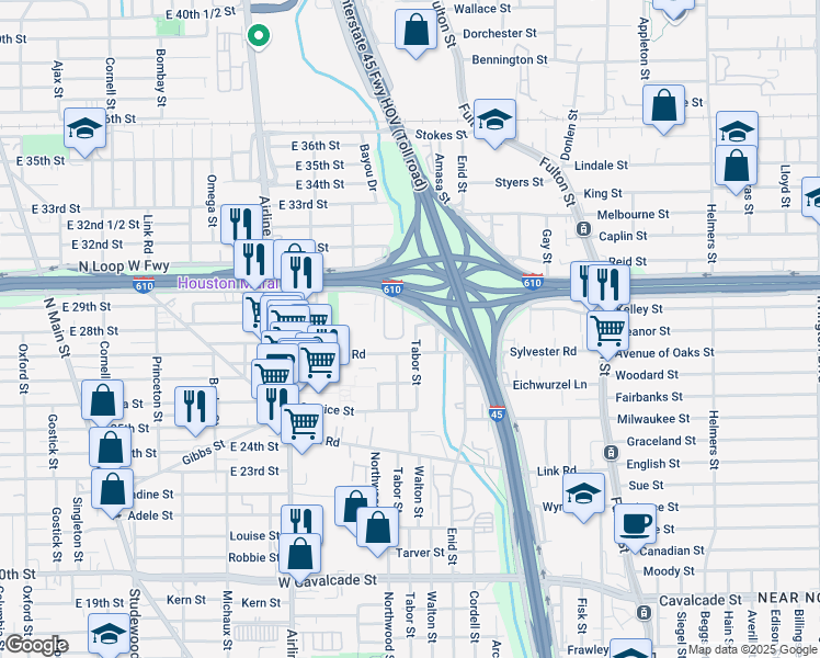 map of restaurants, bars, coffee shops, grocery stores, and more near 1923 Tabor Street in Houston