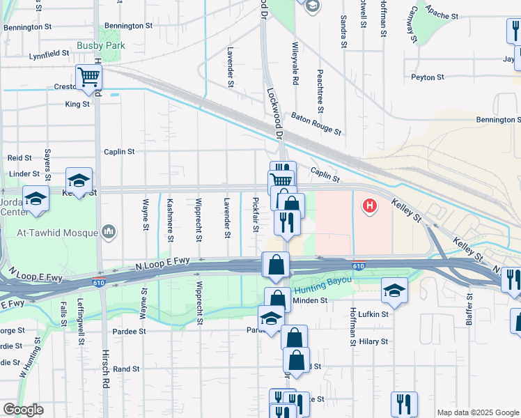 map of restaurants, bars, coffee shops, grocery stores, and more near 5805 Pickfair Street in Houston