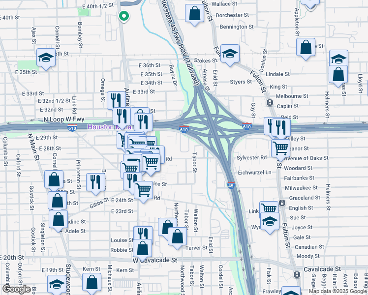 map of restaurants, bars, coffee shops, grocery stores, and more near 1923 Tabor Street in Houston