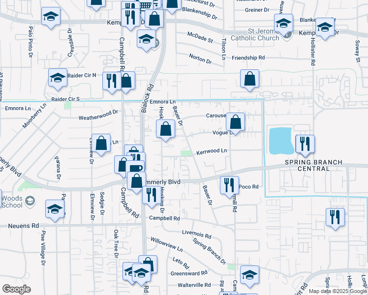 map of restaurants, bars, coffee shops, grocery stores, and more near 2209 Bauer Drive in Houston