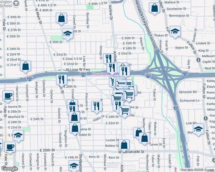 map of restaurants, bars, coffee shops, grocery stores, and more near 1138 East 28th Street in Houston
