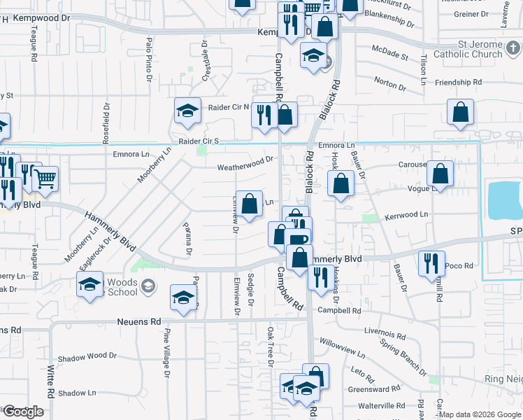 map of restaurants, bars, coffee shops, grocery stores, and more near 9519 Vogue Lane in Houston