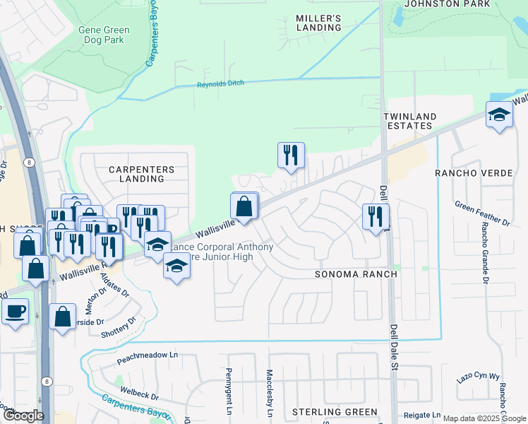 map of restaurants, bars, coffee shops, grocery stores, and more near 15923 Breanna Lane in Houston