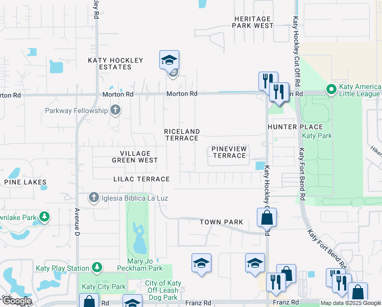 map of restaurants, bars, coffee shops, grocery stores, and more near 2619 Fortuna Drive in Katy