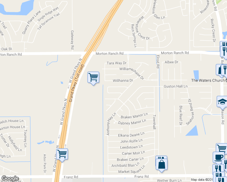 map of restaurants, bars, coffee shops, grocery stores, and more near 22802 Powell House Lane in Katy