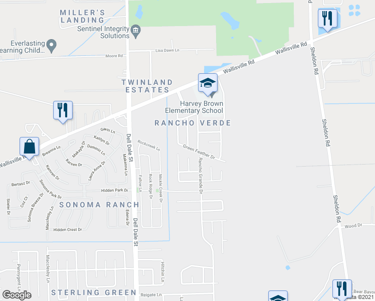 map of restaurants, bars, coffee shops, grocery stores, and more near 16430 Green Feather Drive in Houston