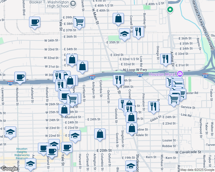 map of restaurants, bars, coffee shops, grocery stores, and more near 519 East 28th Street in Houston
