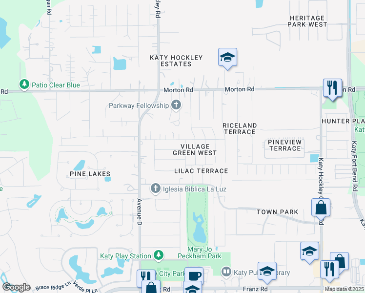 map of restaurants, bars, coffee shops, grocery stores, and more near 5606 Village Park Drive in Katy
