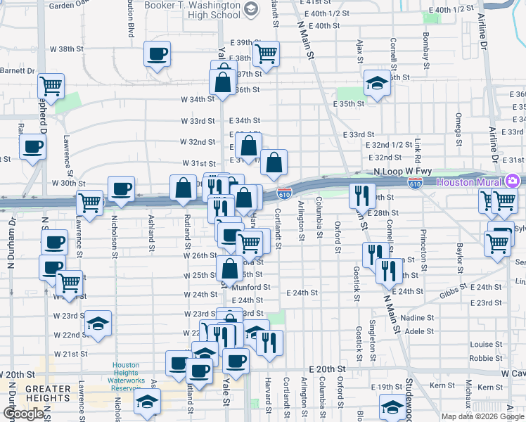 map of restaurants, bars, coffee shops, grocery stores, and more near 207 East 28th Street in Houston
