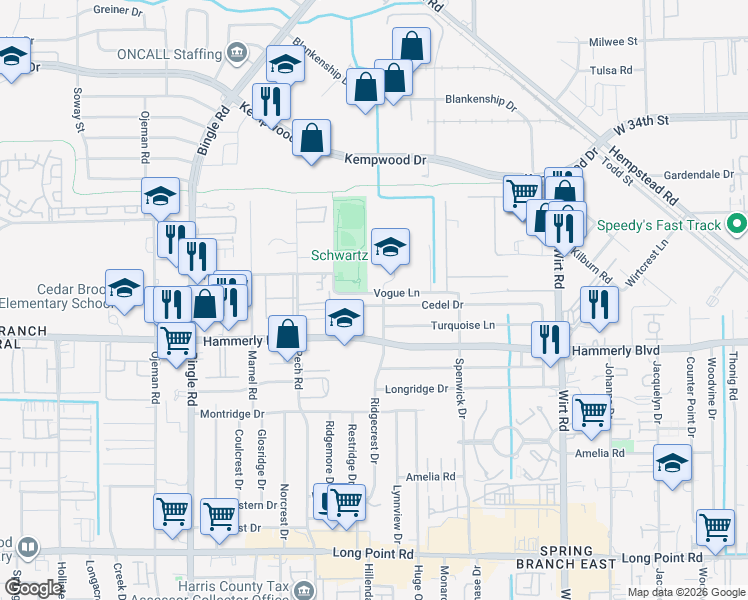 map of restaurants, bars, coffee shops, grocery stores, and more near 8106 Cedel Drive in Houston
