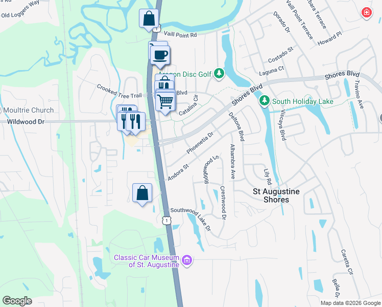 map of restaurants, bars, coffee shops, grocery stores, and more near 93 Phoenetia Drive in St. Augustine