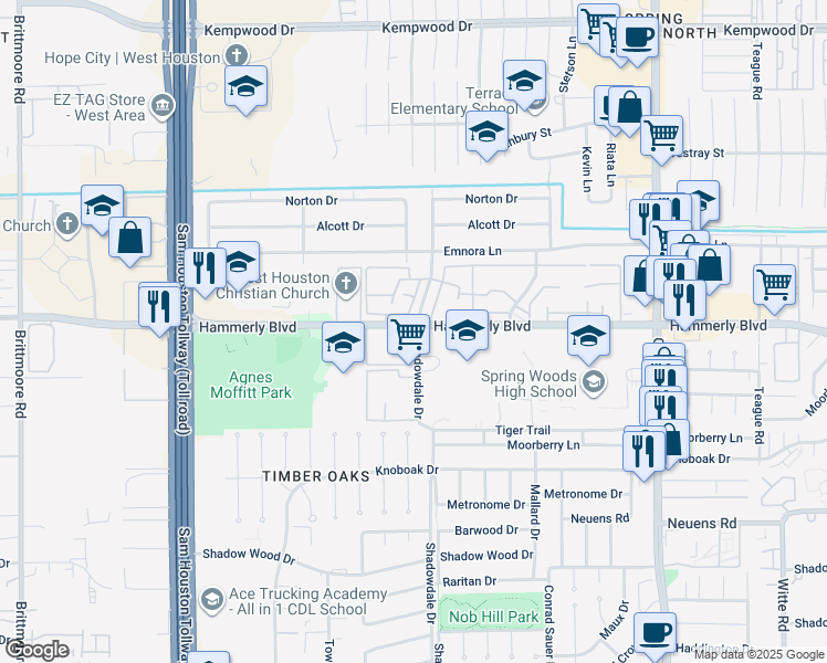 map of restaurants, bars, coffee shops, grocery stores, and more near 20 Shadowdale Drive in Houston