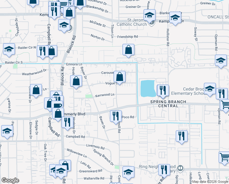 map of restaurants, bars, coffee shops, grocery stores, and more near 2203 Peppermill Road in Houston