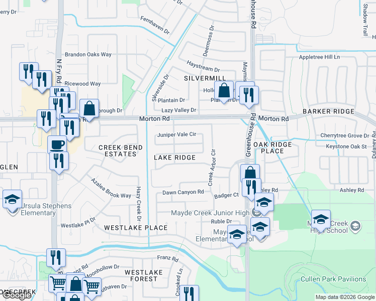 map of restaurants, bars, coffee shops, grocery stores, and more near 19418 Hillside Springs Cir in Houston