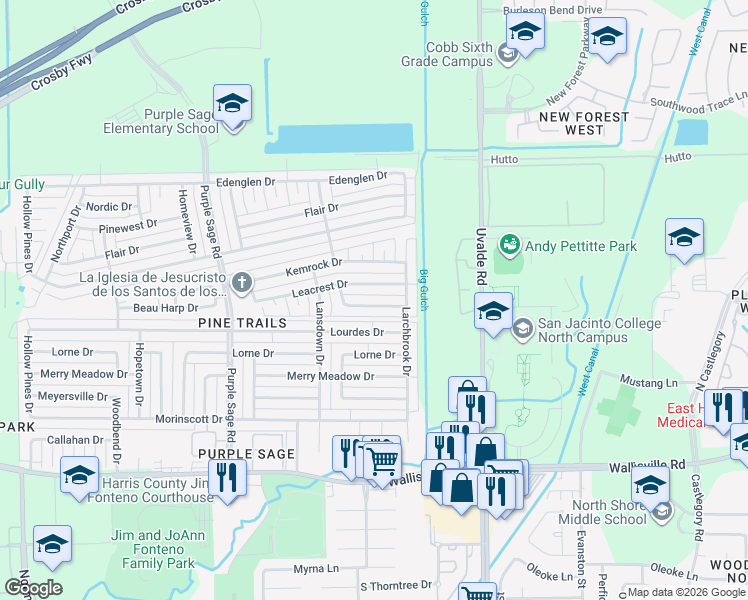 map of restaurants, bars, coffee shops, grocery stores, and more near 14627 Lea Valley Drive in Houston