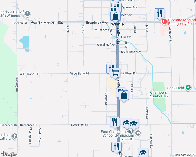 map of restaurants, bars, coffee shops, grocery stores, and more near 1320 Palm Drive West in Winnie
