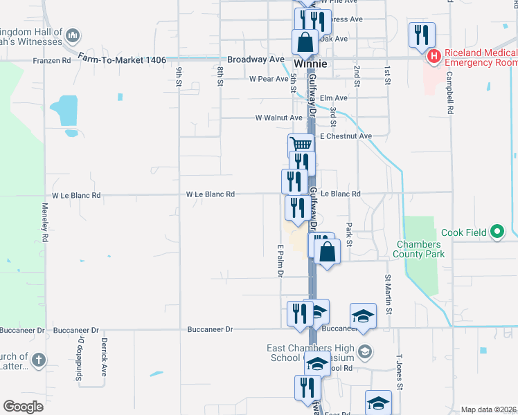 map of restaurants, bars, coffee shops, grocery stores, and more near 1320 Palm Drive West in Winnie